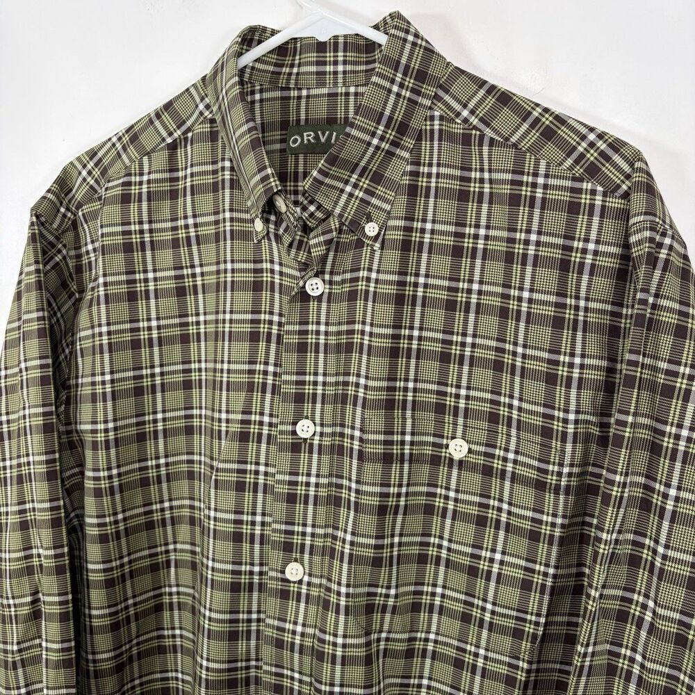 Orvis Button Down Shirt Mens Medium Green Brown Plaid Wrinkle Free Long Sleeve